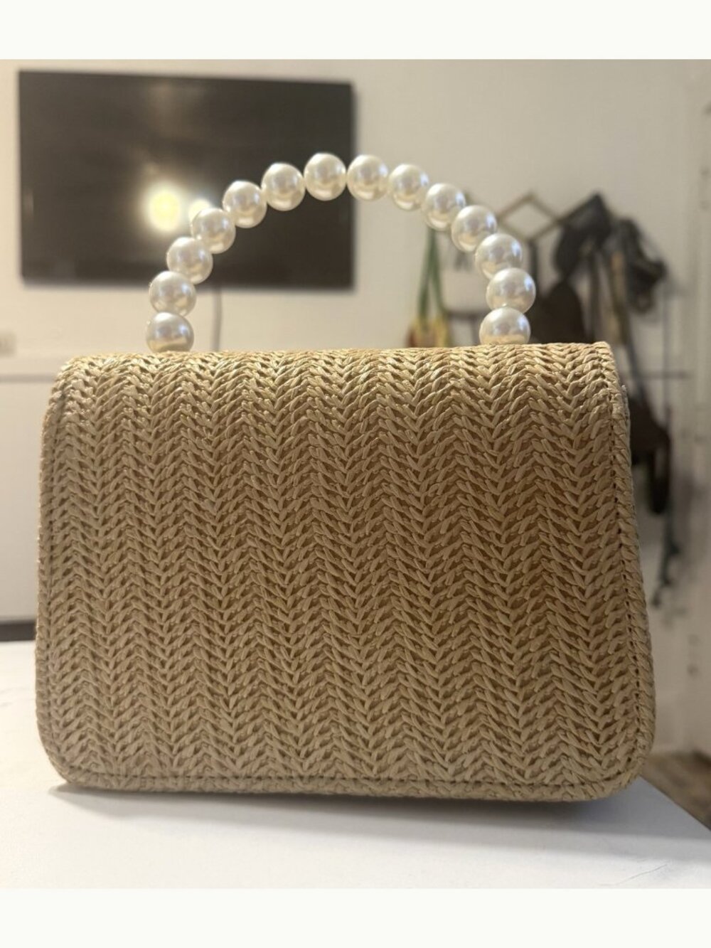 Melie Bianco Natural Woven Pearl Handle Crossbody Bag - Picture 2 of 7
